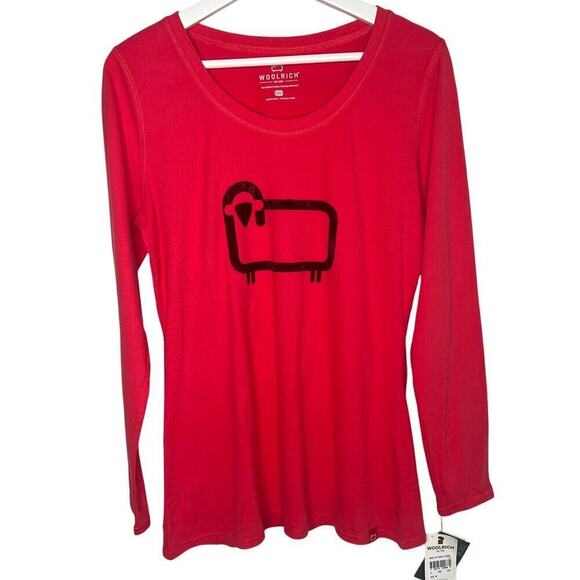 NWT Woolrich Women's The Wooly Scoop Logo Long Sleeve Tee Red Size M - Picture 1 of 8